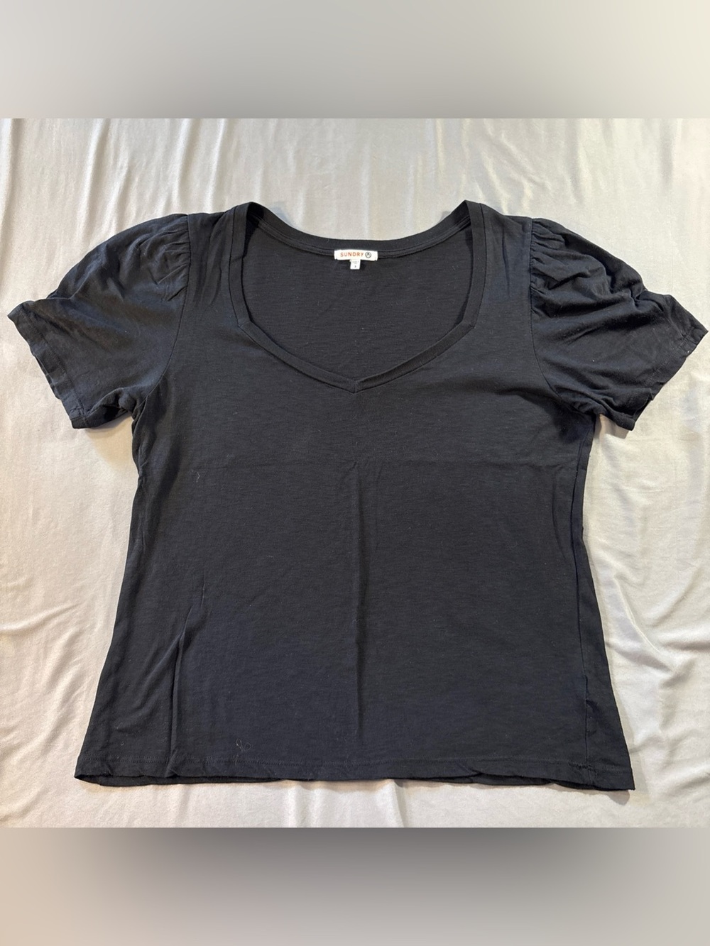Sundry Women's Pima Cotton Tshirt Size L 3 Black Short Puff Sleeve V-neck Basic